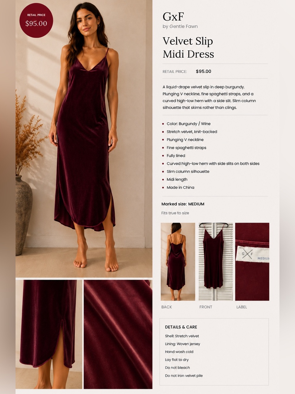 GxF by Gentle Fawn Burgundy Wine Velvet Slip Midi Dress M Side Slits